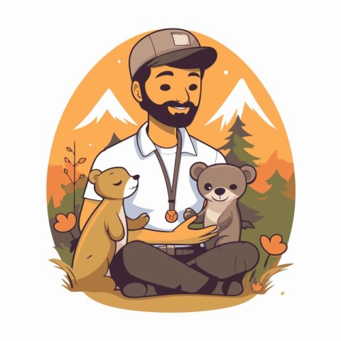 Bearded hipster man with teddy bear and bear. Vector illustratio