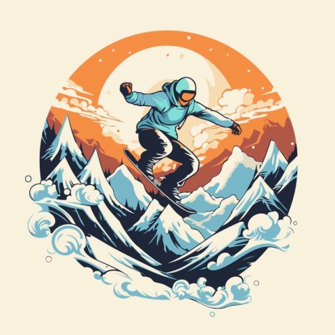 Snowboarder jumping in the mountains. Vector illustration in ret