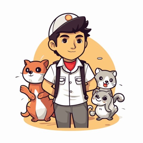 Vector illustration of a sailor with his pets. Cartoon style. Ve