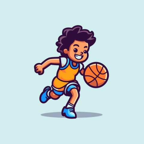 Cartoon boy playing basketball. Colorful vector illustration in