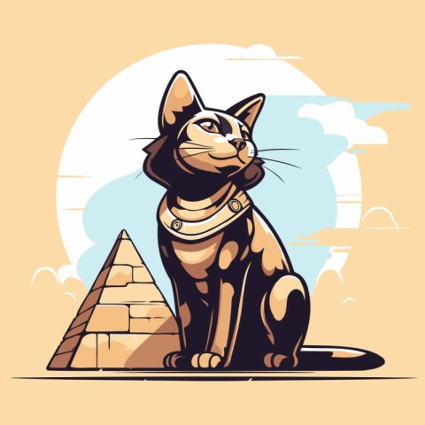 Egyptian cat with pyramids in the background. Vector illustratio