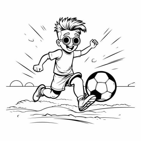 Cartoon soccer player running with ball on the beach. Vector ill