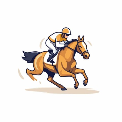 Illustration of jockey riding a horse on a white background.