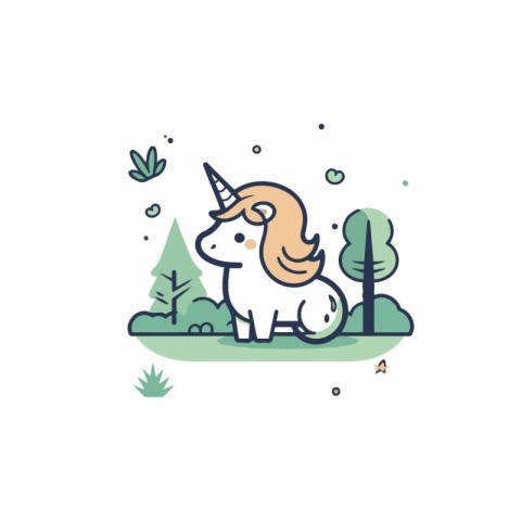 Unicorn in the forest. Vector illustration in flat style.