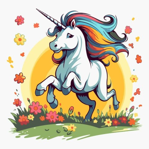 Unicorn in the meadow with flowers. Vector illustration.