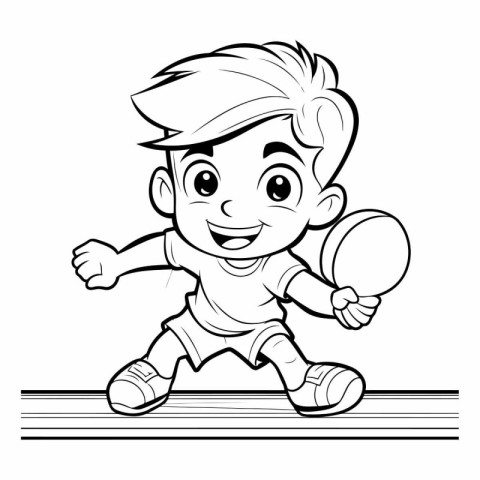 Black and White Cartoon Illustration of Kid Playing Table Tennis