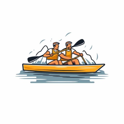 Two men rowing in a kayak. Cartoon vector illustration.