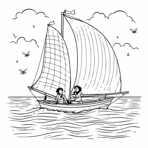 Sailing boat in the sea. Black and white vector illustration.