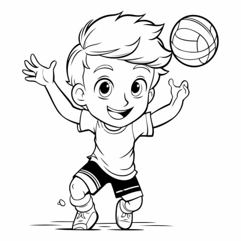 Little boy playing volleyball - Black and White Cartoon Illustra