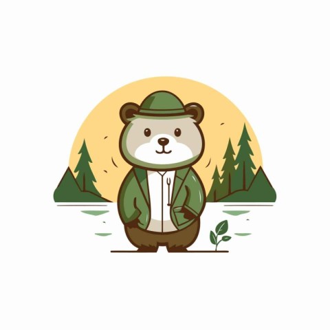 Cute cartoon bear in the forest. Vector illustration on white ba