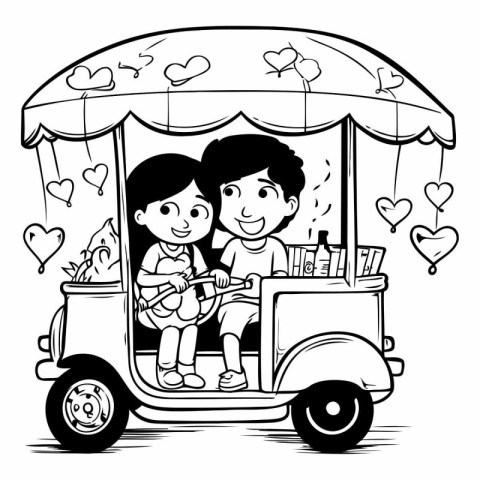 Tuk Tuk Couple - Black and White Cartoon Illustration. Vector