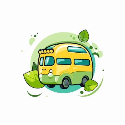 Cute yellow bus with green leaves. Vector illustration on white