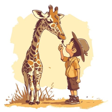 Vector illustration of a boy feeding giraffe. Children's illustr