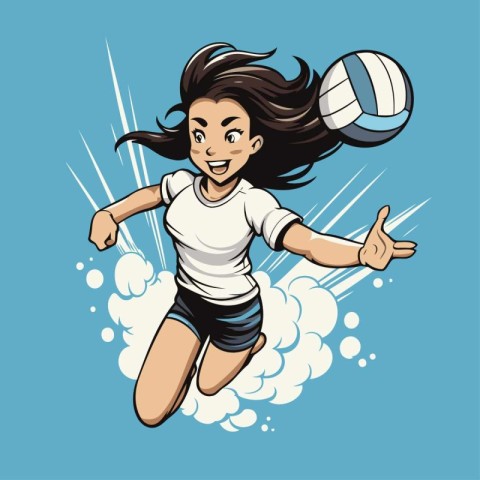 Vector illustration of a young woman playing volleyball on a blu