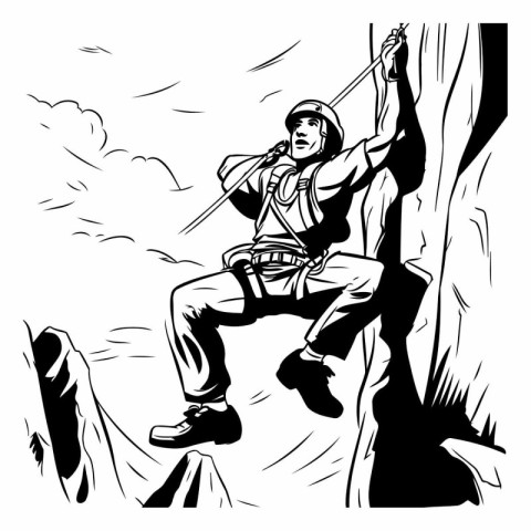 Rock climber on a cliff. Black and white vector illustration.