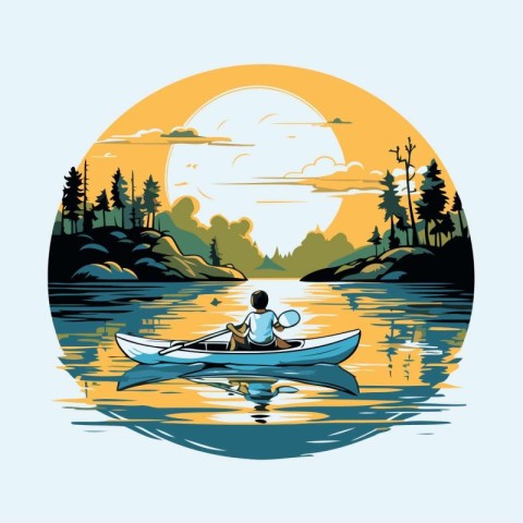 Kayaking on the lake. Vector illustration of a man in a canoe.