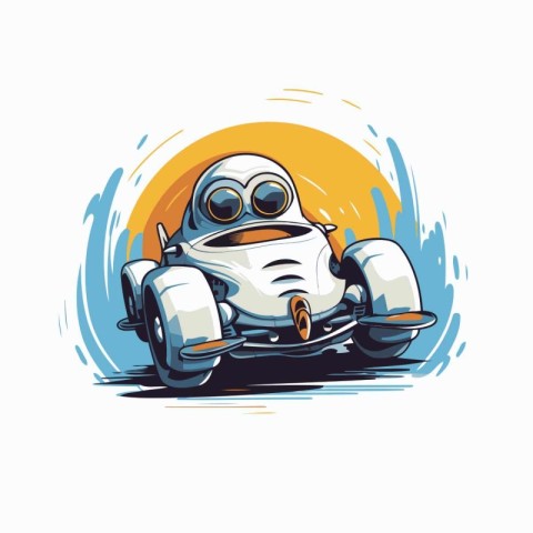 Vector illustration of a robot driving a race car in the desert.