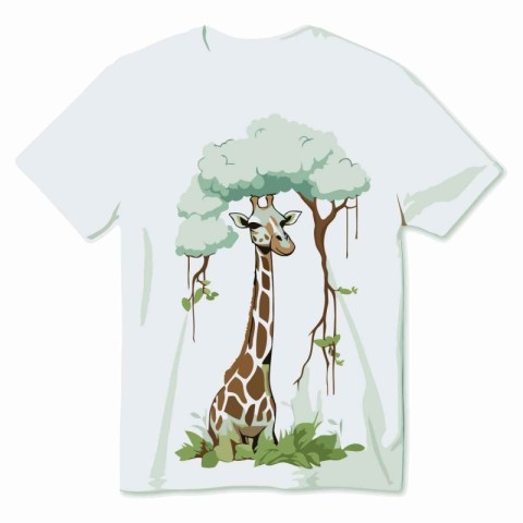 T-shirt design with giraffe and trees. Vector illustration.