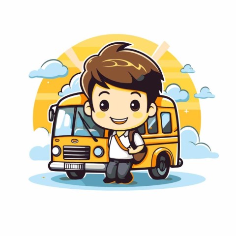 cute boy going to school with his school bus. vector illustratio