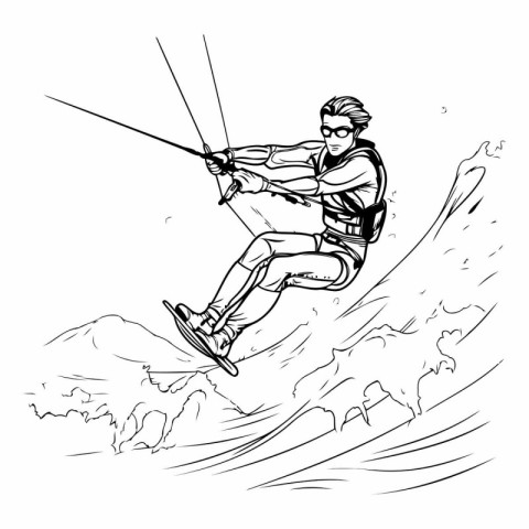 Kitesurfing. Kitesurfer jumping. Black and white vector illustra