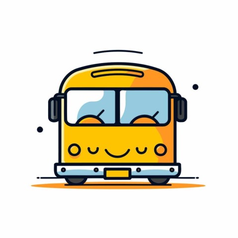 Cute yellow school bus with headphones. Vector line art icon.