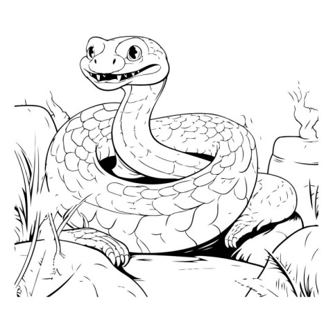 snake on the stone. black and white vector illustration for colo