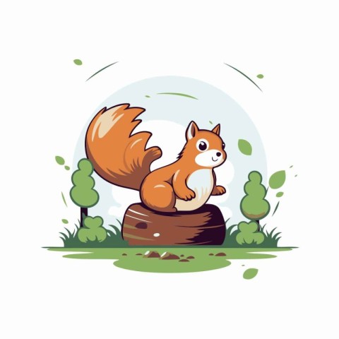 Squirrel on the stump. Cute cartoon character. Vector illustrati