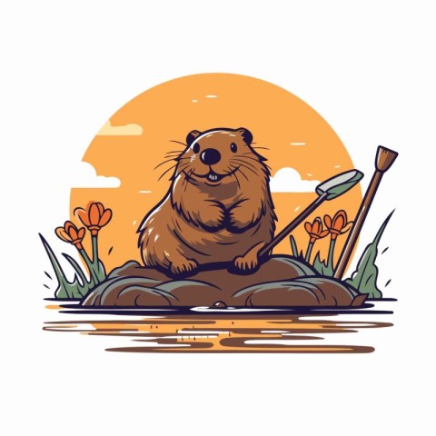 Cute beaver sitting on a rock in the lake. Vector illustration.