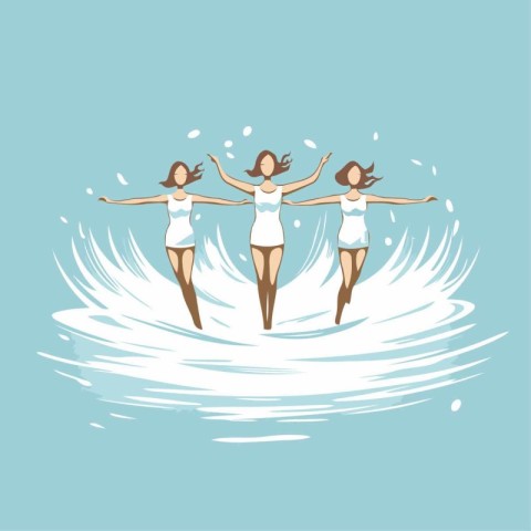 Three girls in swimsuits standing on a surfboard. Vector illustr