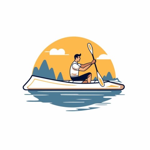 Man in a kayak on the lake. Flat style vector illustration.