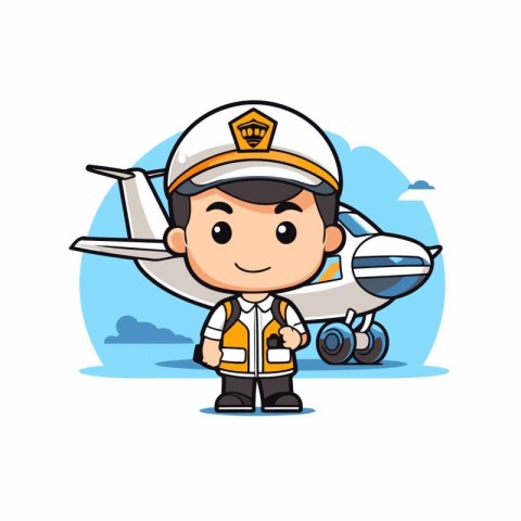 Airplane pilot with airplane. Cute cartoon character vector illu