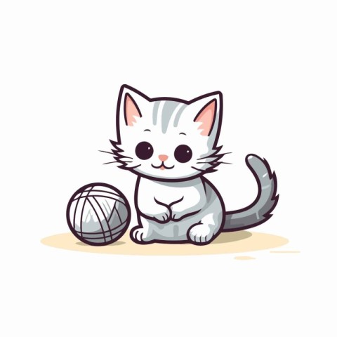 Cute cartoon cat playing with ball of yarn. Vector illustration.