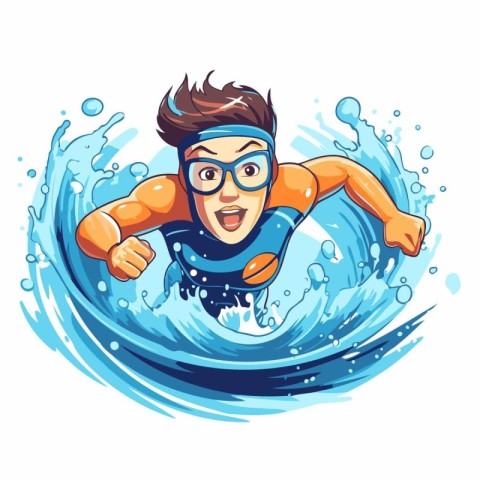 Swimming man in wetsuit and glasses. Vector illustration.