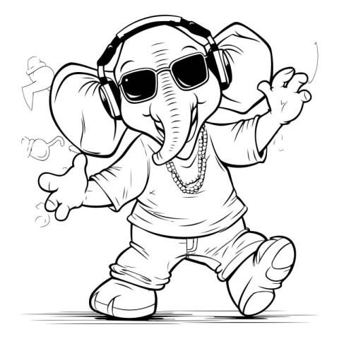 Elephant listening to music - Black and White Cartoon Vector Ill