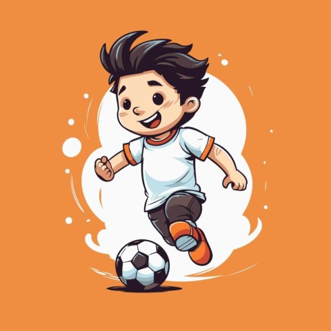 Cartoon boy playing soccer with ball on orange background. Vecto