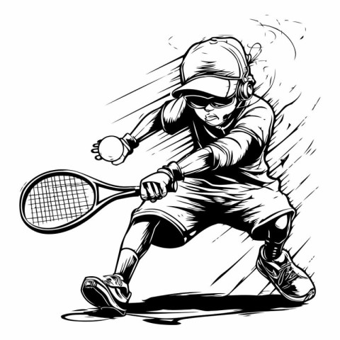 Tennis player. Black and white illustration ready for vinyl cutt