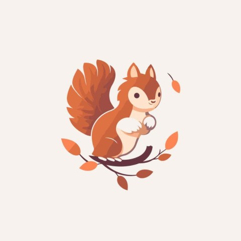 Cute squirrel with a nut on a branch. Vector illustration.