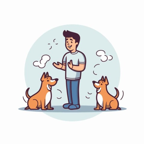 Man with dogs. Vector illustration in flat style. Pet care conce