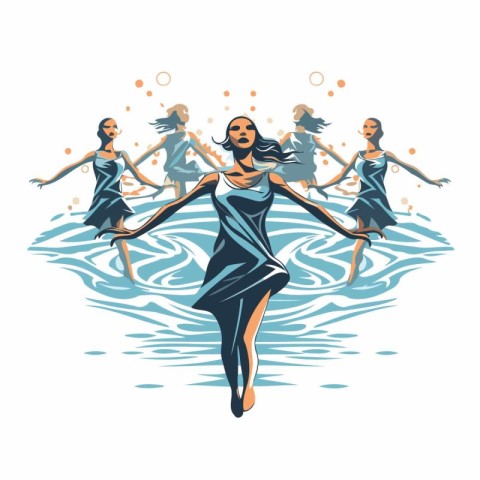 Beautiful women dancing in the water. Hand drawn vector illustra