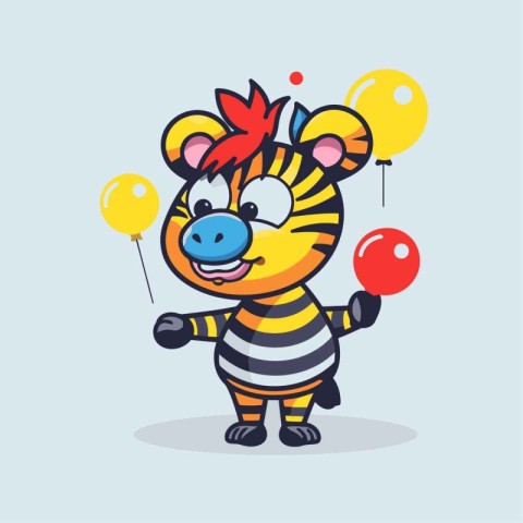 Cute cartoon zebra with balloons. Vector illustration in a flat