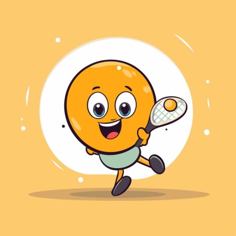 Tennis ball and racket cartoon character. Vector flat design ill