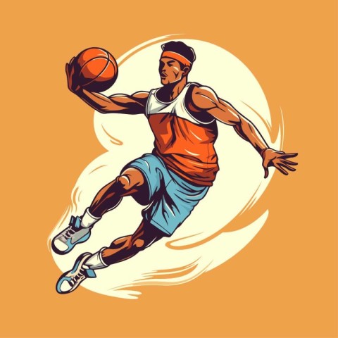 Basketball player with ball in action isolated on orange backgro