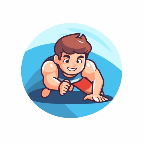 Little boy in swimsuit doing push-ups. cartoon vector illustrati