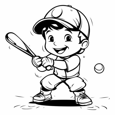 Boy playing baseball - Black and White Cartoon Vector Illustrati