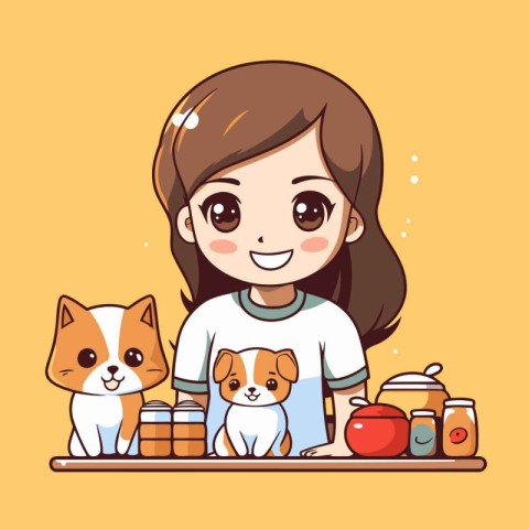 cute little girl with cute pets in the kitchen vector illustrati