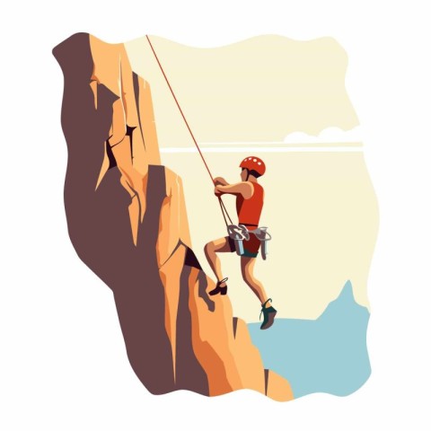 Male rock climber climbing on a cliff. Flat vector illustration.