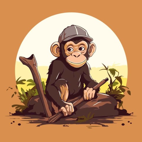 Chimpanzee sitting on a rock with an ax. Vector illustration