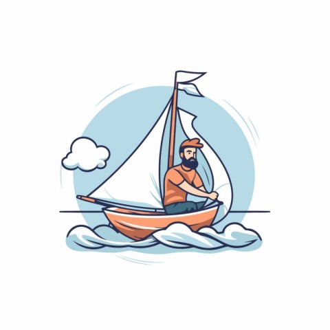 Sailing man on a sailboat. Vector illustration in cartoon style