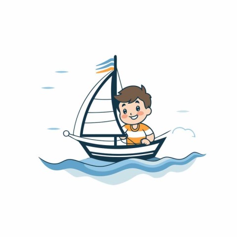 Boy sailing on a sailboat in the sea. Vector illustration.