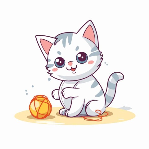 Cute cartoon kitten playing with ball of yarn. Vector illustrati